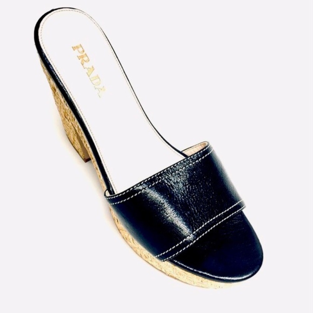 Prada Black Leather with Straw Platform Shoe Size 35 - Picture 5 of 8